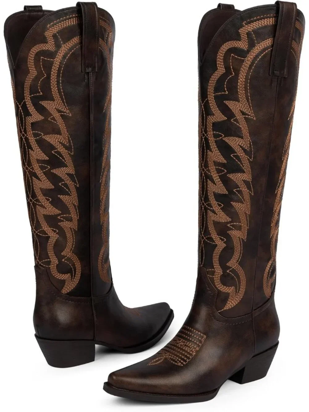 Women's Chocolate Cowboy Knee High Boots Pointed Wide Calf Chunky Heel Cowgirl